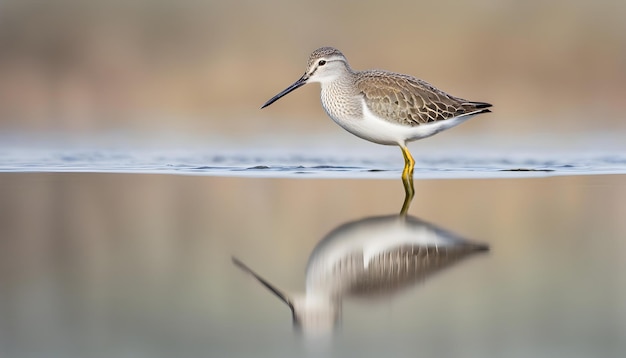 Portrait clé de bécasseau des bois debout dans l'eau avec une belle réflexion