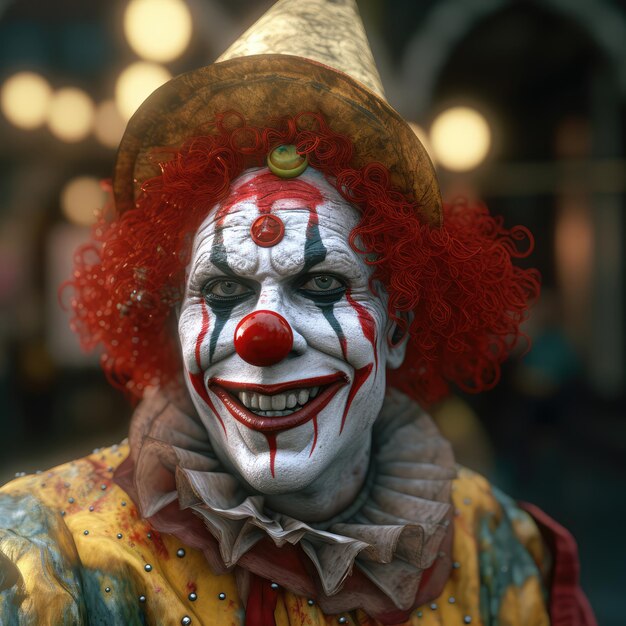 Portrait d'un clown fou avec la peinture du visage et un regard sérieux