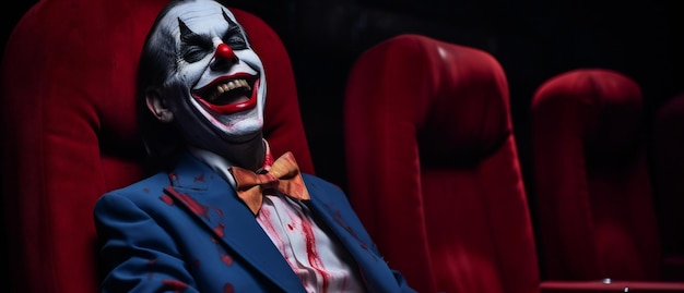 Photo portrait d'un clown mime dans une chaise en cuir rouge au cinéma