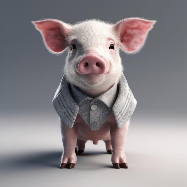 Photo portrait de cochon dessin animé 3d portant des vêtements lunettes chapeau et veste debout devant