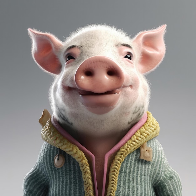 Portrait de cochon dessin animé 3D portant des vêtements lunettes chapeau et veste debout devant