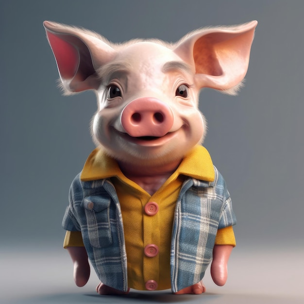 Portrait de cochon dessin animé 3D portant des vêtements lunettes chapeau et veste debout devant