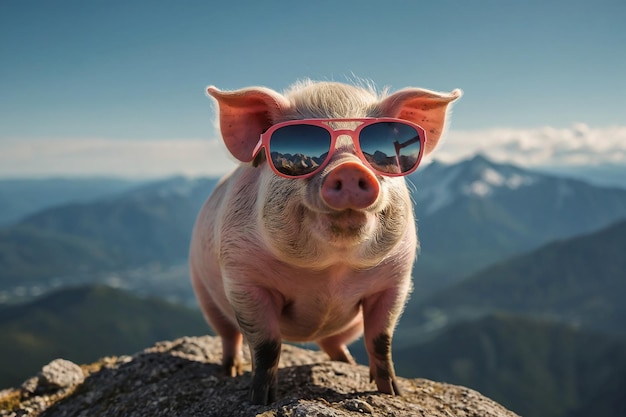 Portrait d'un cochon portant des lunettes de soleil au sommet d'une montagne