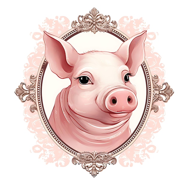 Portrait de cochon portant des perles avec une pose féminine et une affiche vintage en équilibre 2D Flat Design Art