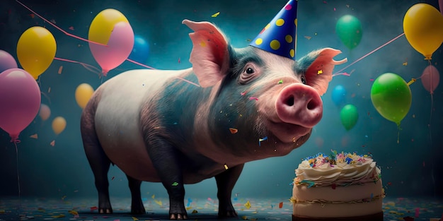 Portrait d'un cochon à sa fête d'anniversaire avec chapeau de fête et a un gâteau sauvage avec des bougies portant un chapeau de fête des ballons et des confettis