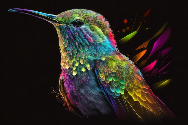 Portrait de colibri aux couleurs néon sur fond sombre ai générative