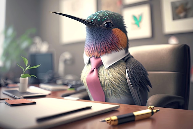 Portrait de colibri en costume d'affaires au bureau générative ai