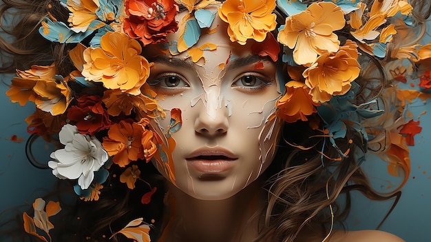 Portrait de collage d'art contemporain abstrait de jeune femme avec des fleurs sur le visage cache ses yeux