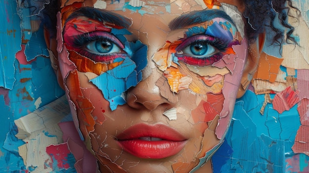 portrait de collage d'art moderne abstrait d'une jeune femme composition de papier à la mode fusion de textures et de couleurs de pointe vibrantes juxtapositions dynamiques IA générative