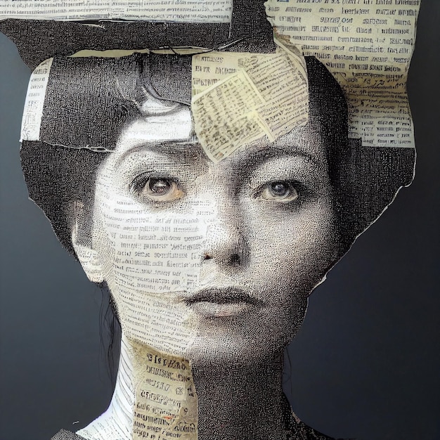 Portrait de collage de femme fait de journaux et de magazines rendu 3d