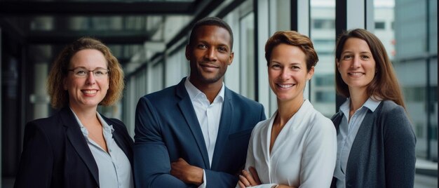 portrait de collègues d'affaires multiraciaux souriants à la fenêtre