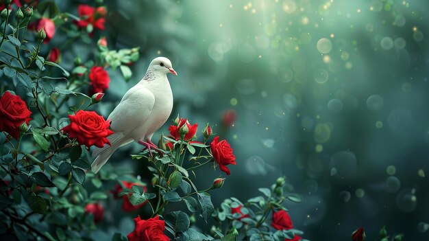 Portrait d'une colombe assise sur un rose avec un grand espace pour le texte ou le produit et un fond flou AI générative