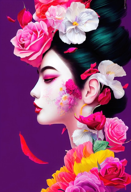 Portrait coloré abstrait d'une jolie geisha avec un beau maquillage et des fleurs