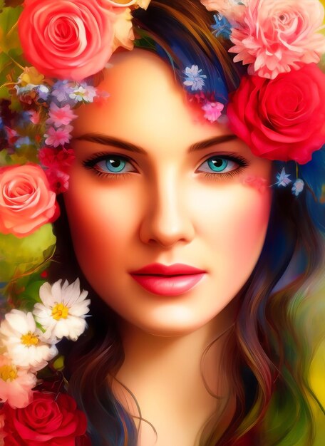 Photo portrait coloré d'une belle femme avec des fleurs.