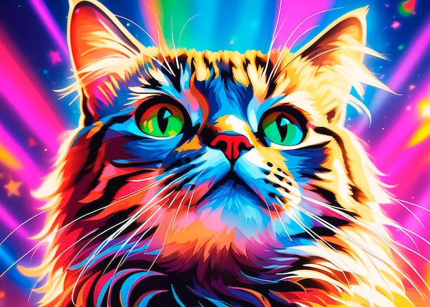 Portrait coloré d'un chat sur un fond multicolore