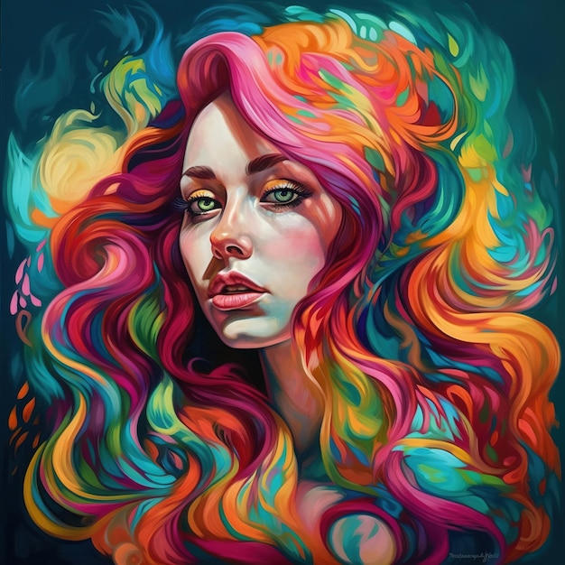 Un portrait coloré d'une femme aux cheveux longs et aux cheveux de couleur arc-en-ciel.