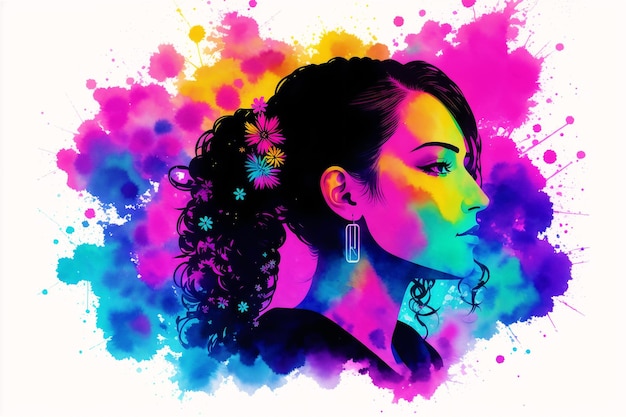 Un portrait coloré d'une femme avec un fond de couleur arc-en-ciel.