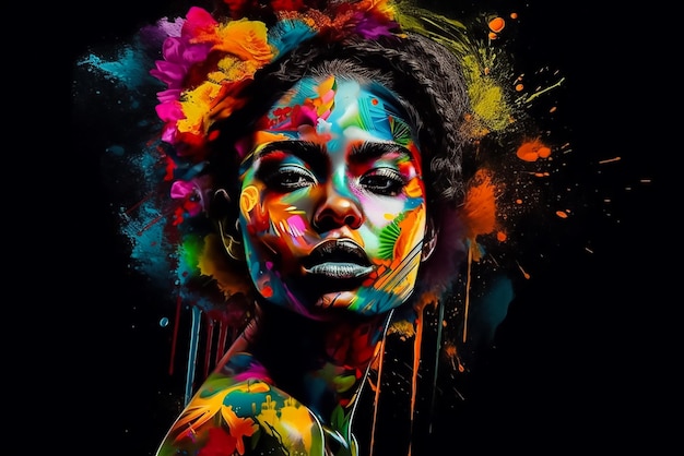 Un portrait coloré d'une femme avec un visage noir et le mot amour dessus.