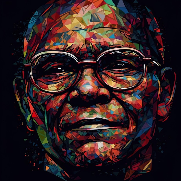 un portrait coloré d'un homme avec des lunettes et un fond coloré