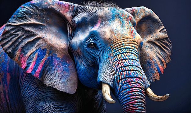 Un portrait coloré peint du visage d'un éléphant avec des teintes vives mettant en valeur la beauté majestueuse et le charme de ce magnifique animal