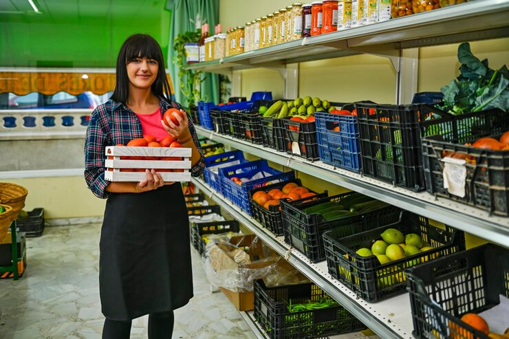 Portrait de commerçant dans le magasin de fruits cueillant des tomates mûres