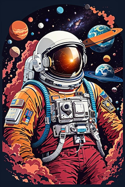 Portrait complet d'un astronaute flottant dans l'espace à l'aide de ballons en forme de planètes