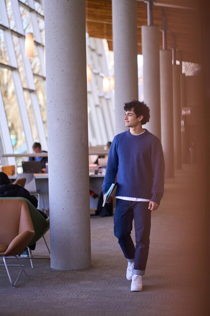 Portrait complet d'un bel étudiant latino-américain marchant dans le hall du campus de la bibliothèque moderne