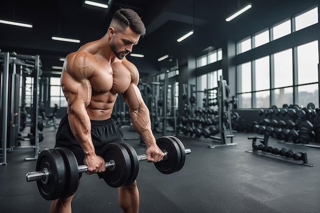 Portrait complet du corps d'un homme athlétique sans chemise faisant des exercices de biceps avec des haltères dans un club de gymnastique