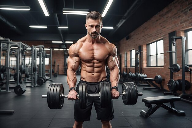 Portrait complet du corps d'un homme athlétique sans chemise faisant des exercices de biceps avec des haltères dans un club de gymnastique