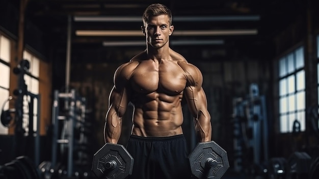 Portrait complet du corps d'un homme torse nu athlétique faisant des exercices de biceps avec des haltères