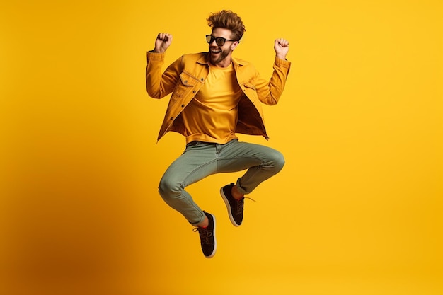 Photo portrait complet d'un jeune homme heureux sautant isolé sur fond jaune