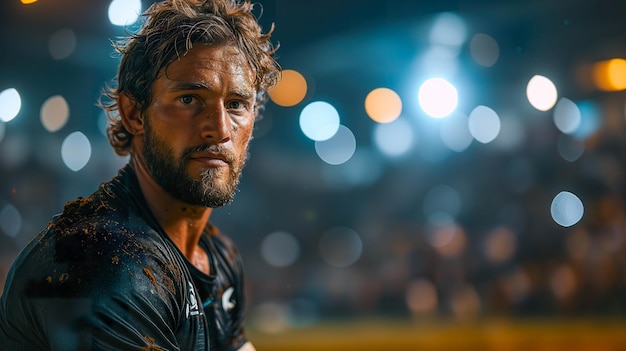 Portrait complet d'un joueur de rugby en action dans un stade