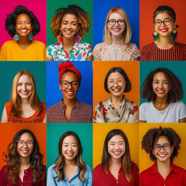 Portrait composite de headshots de différentes femmes souriantes de tous les sexes et d'âge, y compris tous