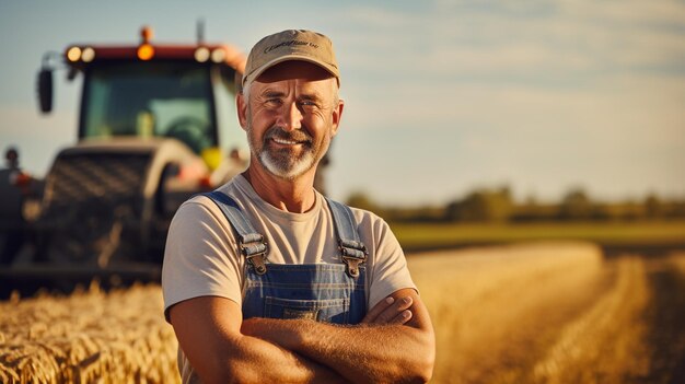 Portrait conceptuel d'un agriculteur adulte avec un tracteur généré par l'IA