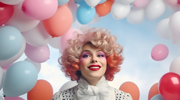 Portrait conceptuel de célébration festive et de style de vie d'une femme heureuse et souriante avec des ballons