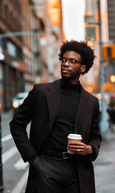 Photo portrait confiant bel homme d'affaires afro tenant une tasse de café en marchant à new york