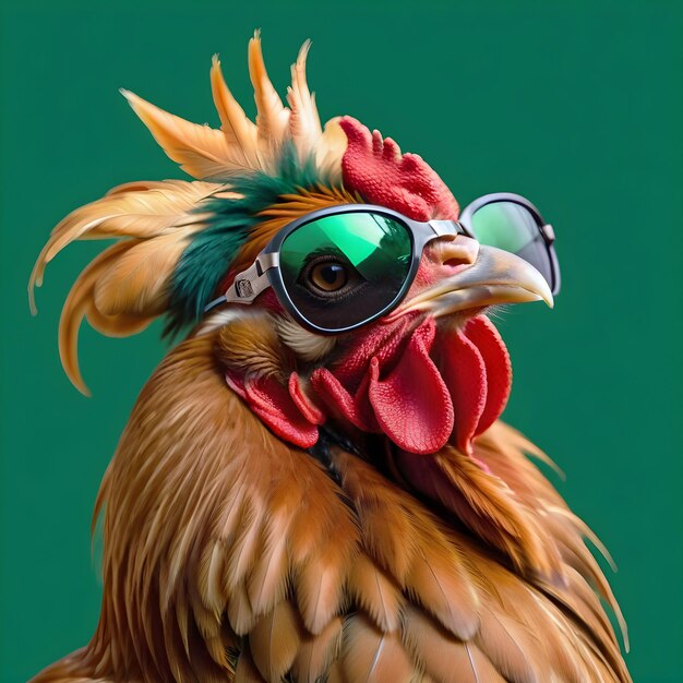 Photo portrait d'un coq dans des lunettes de soleil sur un fond vert