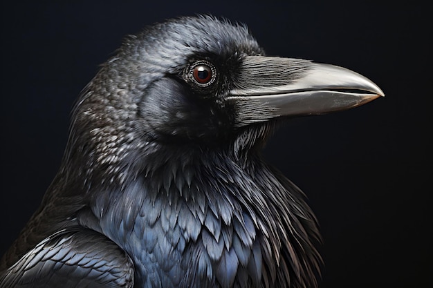 Portrait d'un corbeau sur un fond noir en gros plan