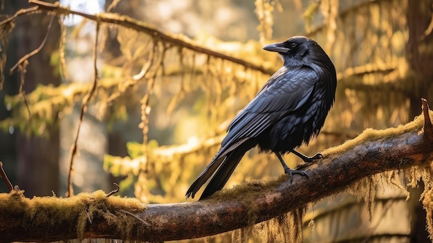 Portrait d'un corbeau noir sur une branche de la forêt