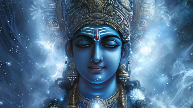 Le portrait cosmique du dieu hindou, le visage du seigneur Vishnu.