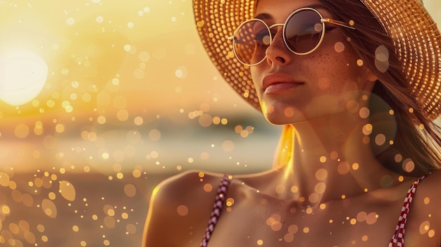 Portrait d'un coucher de soleil d'été serein Une belle femme avec des lunettes de soleil et un chapeau profitant d'une soirée au bord de la mer