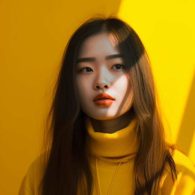 Portrait de couleur jaune d'une jeune belle fille asiatique aux cheveux longs dans une chemise jaune sur jaune