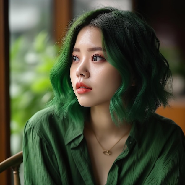 portrait en couleur verte d'une belle fille asiatique aux cheveux vert vif dans une chemise verte en gros plan