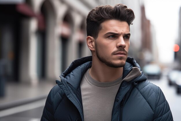 Portrait coupé d'un beau jeune homme en train de courir dans la ville