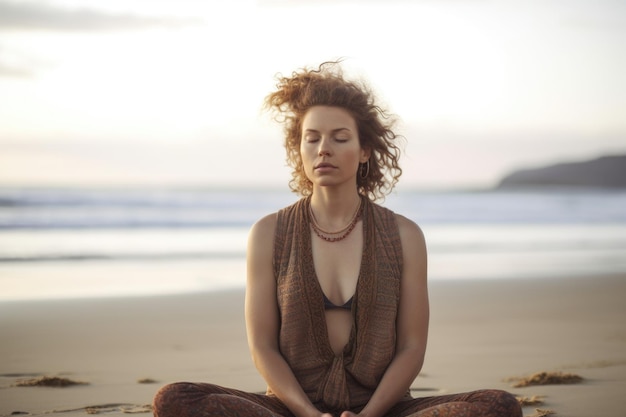 Portrait coupé d'une jeune femme faisant du yoga sur la plage