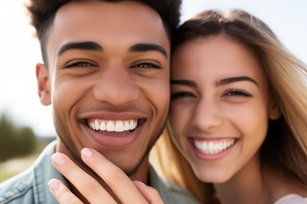 Portrait coupé d'un jeune homme heureux montrant une bague de fiançailles à sa petite amie