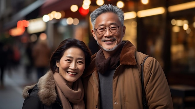 Portrait de couple adulte asiatique mature dans des vêtements chauds dans la rue de la ville Amoureux de la romance