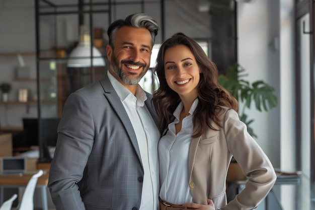 Photo portrait d'un couple d'affaires heureux dans un bureau moderne