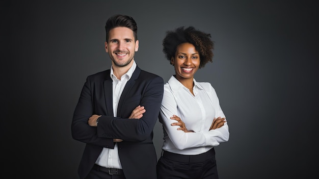 Portrait d'un couple d'affaires multiethnique heureux posant avec les bras croisés