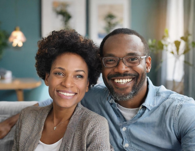 portrait d'un couple afro de 40 ans dans un canapé à la maison